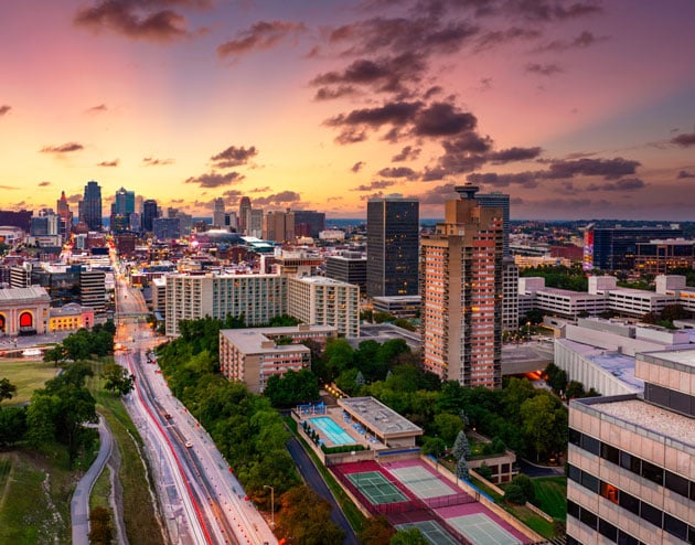 Kansas city skyline at dusk